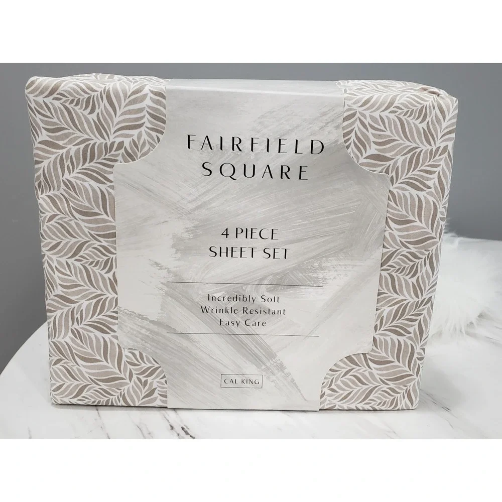 NEW Fairfield Square 4 Pc Sheet Set CALIFORNIA CALI KING TROPICAL TAN LEAF BEACH